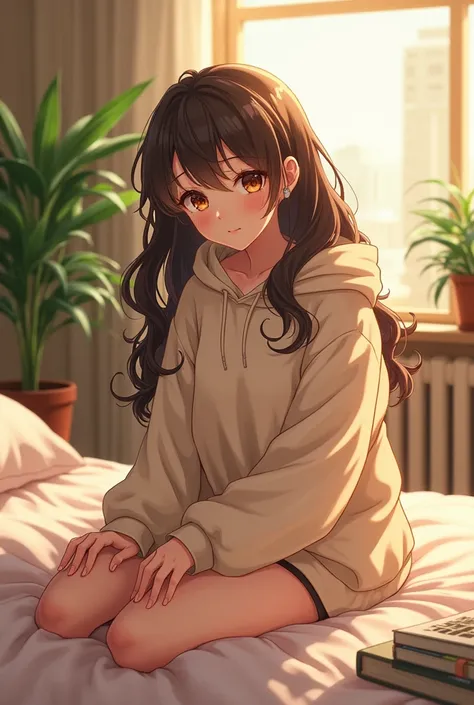 (photorealism:1.2), beautiful anime  girl, sitting on bed, pullover, long curly hair, indoors, soft lighting, plants in background, window with sunlight, cozy room, relaxed pose, realistic, intricate details, warm colors, by Greg Rutkowski, by Alphonse Muc...