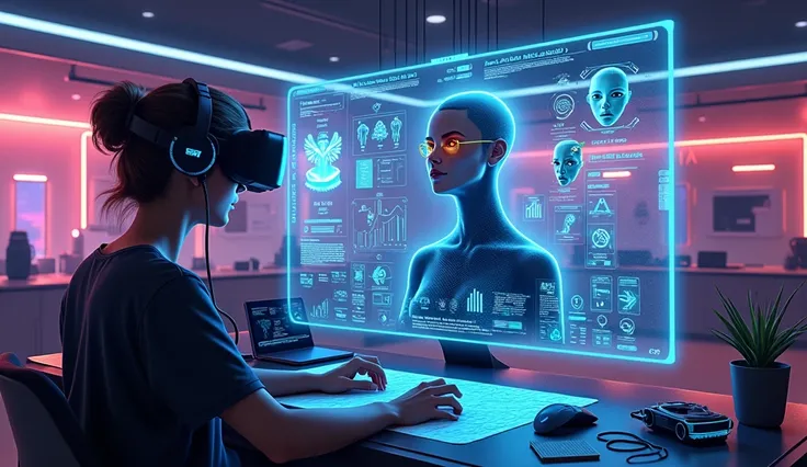 "Create a futuristic digital art illustration showing the process of designing a personalized avatar for the metaverse. The scene should depict a high-tech environment with holographic screens, 3D modeling tools, and vibrant neon lights. Show a person usin...