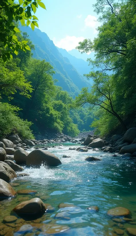 A lonely river in Malaysia with green forest backdrop, a healing scenery with water flow splashes on the small rock on the river, clear blue sky scene,  cinematic shot, vibrant colors, realistic photo, natural vibrant colors