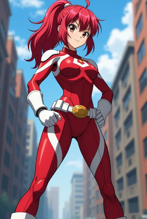 My Hero Academia Style , Anime girl, female, young female ,Full Body Shot,(fighting stance:1.3),Long hair, Red Hair,  Brown Eyes,Hero Suit, Full Body Suit, red suit with white details, perfect anatomy,  Toughened Abs,super detailed,(Buildings:1.2）