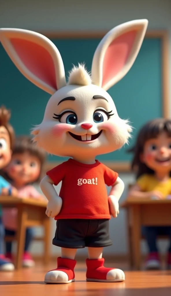    3D animation a cute baby rabbit cub,  medium size  a black shorts and red t-shirt. Red boot.   night image,  
     
Golu, the mischievous rabbit, standing confidently with his hands on his hips, announcing “goat!” as other students laugh. Lively animate...