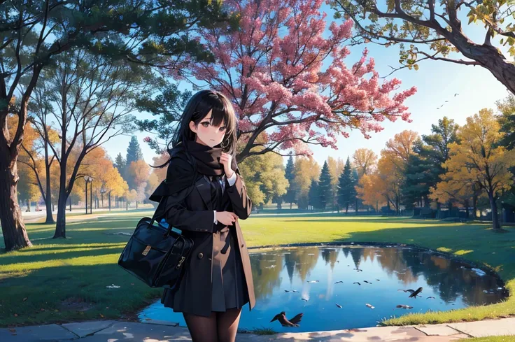 High image quality, high resolution, smooth gradation, vivid colors, a scarf, a black cloak, a black student uniform, black stockings, black lace-up shoes, school bag, black hair, a high school girl, A sunny, warm day, a pond in the park, trees with only b...