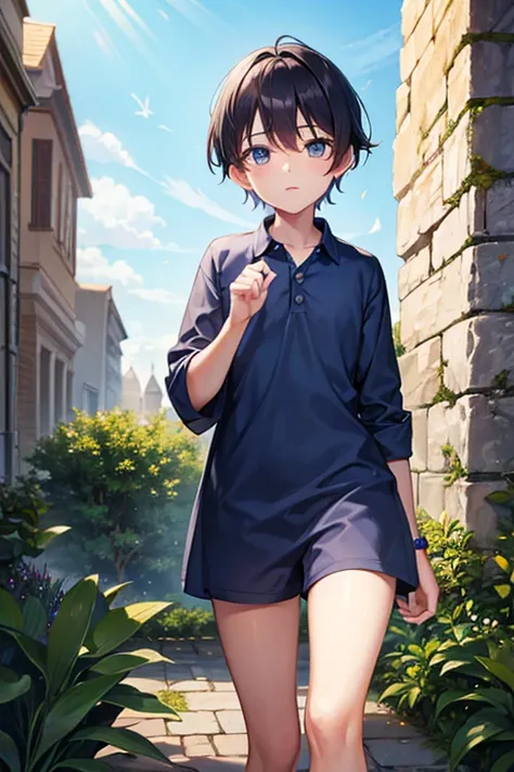 boy wearing navy blue tunic and shorts is ancient city ruins, UHD, highres, (beautiful detail eyes), ((best quality)), ((masterpiece))