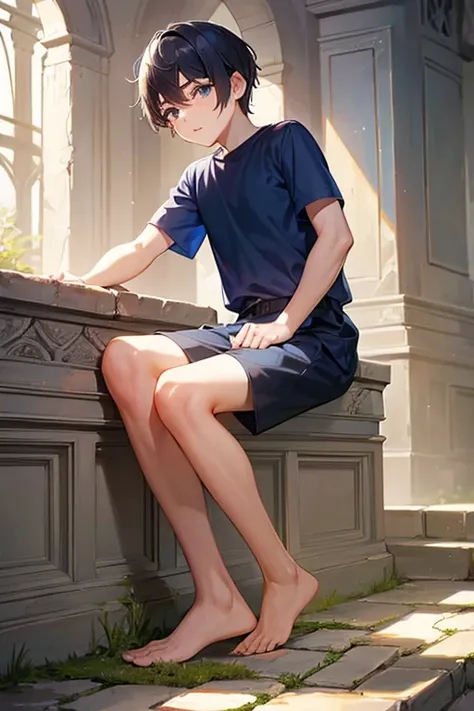 boy wearing navy blue tunic and shorts is ancient city ruins, UHD, highres, (beautiful detail eyes), ((best quality)), ((masterpiece))