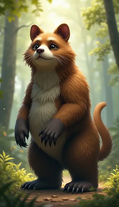 "A fantastical hybrid creature that combines the characteristics of a bear and a cat. The creature has the muscular, stocky body and paws of a bear, but its face is elegant and feline, with large, bright eyes, a small nose, and pointed ears. Its fur is a m...