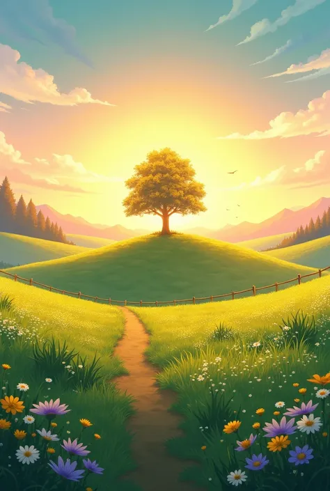 "A serene anime landscape of a vast, open meadow at sunrise, with golden sunlight streaming over gently rolling hills. Dew-covered grass sparkles in the warm morning light, and wildflowers in shades of yellow, purple, and white are scattered across the fie...