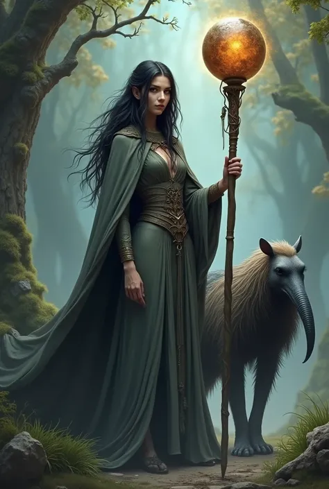 Black-haired elf with a staff with a shiny brown sphere in her hand and a gray cape with a giant anteater