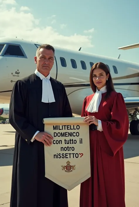 Un juge en tenue de procès et un directeur de banque portant en main une banderole sur laquelle est t’écrire (MILITELLO DOMENICO CON TUTTO IL NOSTRO RISPETTO 🙏) devant un jet privé sur laquelle on a écrit le (MILITELLO DOMENICO)