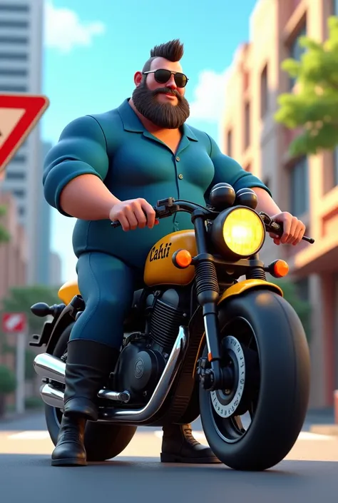  Create a 3D pixar illustration of an animated character in
Standing next to a 150 cylinder Titan motorcycle in black and yellow, With the blue shirt written long-sleeved taxi pants and boots style motorcycle taxi , low black hair with dark glasses beard w...