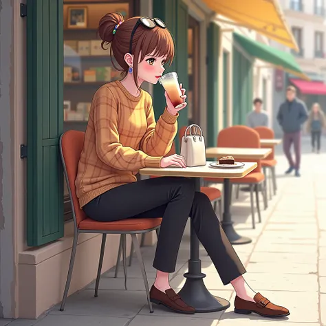 A girl dressed in a knitted checked sweater,long pant, wearing loafers,Brown Hair, Sidelocks, hair bun,Earrings, watch,Smile, Makeup, Red Lips, black eyes,From Side, Sunglasses on head,Scanlines, Anime, Anime Style,3D isometric,water colours,Best Quality, ...