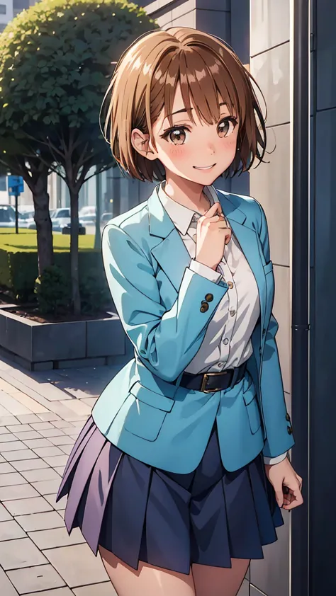 kanochinatsu, one girl, brown hair, (((short hair: 1.5))), brown eyes, purple eyes, eimei junior and senior high school uniform,...