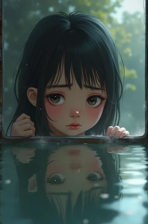 A reflection in a window or puddle ,  showing a girl who seems torn between her image and her inner perception.