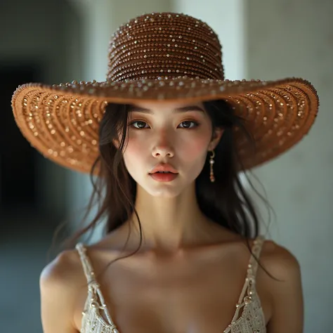 sexy erotica, (large cleavage,Big tits),(1 girl,korea face sexy 18 year old girl , pale skin, (body heigth:140cm), innocent look, Young face, Runway + Full-body shot of an Korea supermodel wearing a brown hat, made from shiny plastic and silver beads, in t...