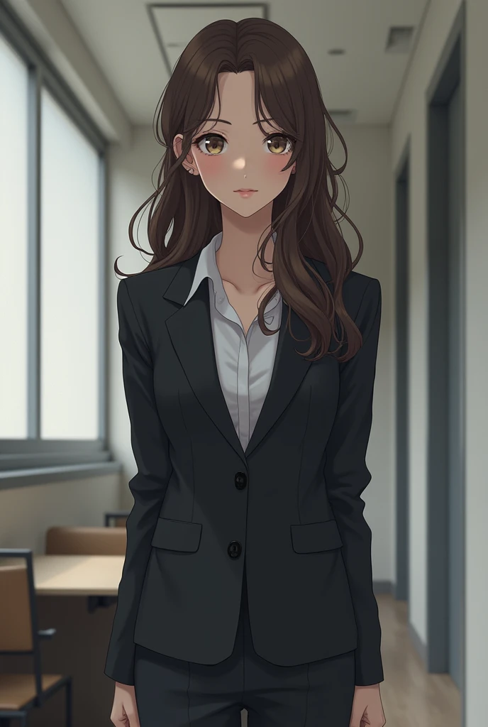  A sharp-eyed Korean female boss with long brown hair with a perm at the end, Dressed in a suit, Shy and sensitive ,  anime 