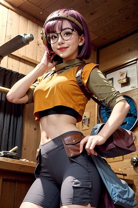 lucca, purple hair, helmet, glasses, yellow vest, cargo pants, (midriff, navel), wood room, repair tools, standing, smile,