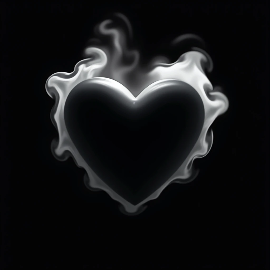 "A sleek and modern logo design featuring a prominent dark heart at the center, with a smooth and glossy texture. Behind the heart, soft white smoke swirls outward, creating a mysterious and dynamic shadow effect. The background is solid black, emphasizing...