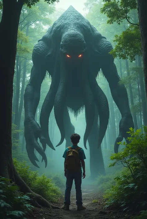 A young nerdy proffessor researching about a five tentacled tall monster getting fucked by the monster in a forest