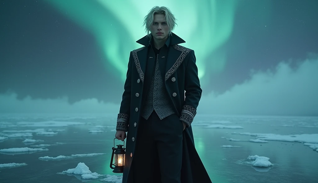 Imagine Victor, a handsome adult man, standing on a boundless icy lake that mirrors the heavens above. His chin-length, medium-blond hair is styled in layered cuts, blending rebellion with elegance. A tailored dark coat with subtle silver embroidery clings...