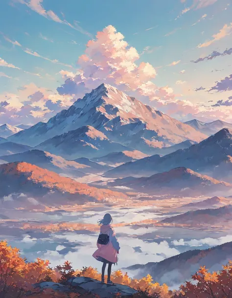  one woman, pastel colors , Woman standing on top of mountain,Autumn scenery, A masterpiece with clouds , show me your back, seen from afar,Impressive scene 