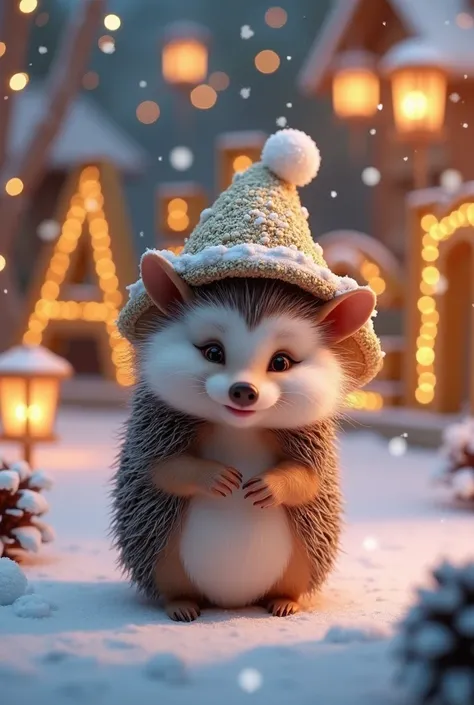 A captivating 3D render of a festive winter wonderland, where a delightful baby hedgehog named Migdalia is nestled in a warm and cozy scene.
Donning an elegant hat, she exudes joy, creating an enchanting atmosphere. The wintry landscape is adorned with twi...