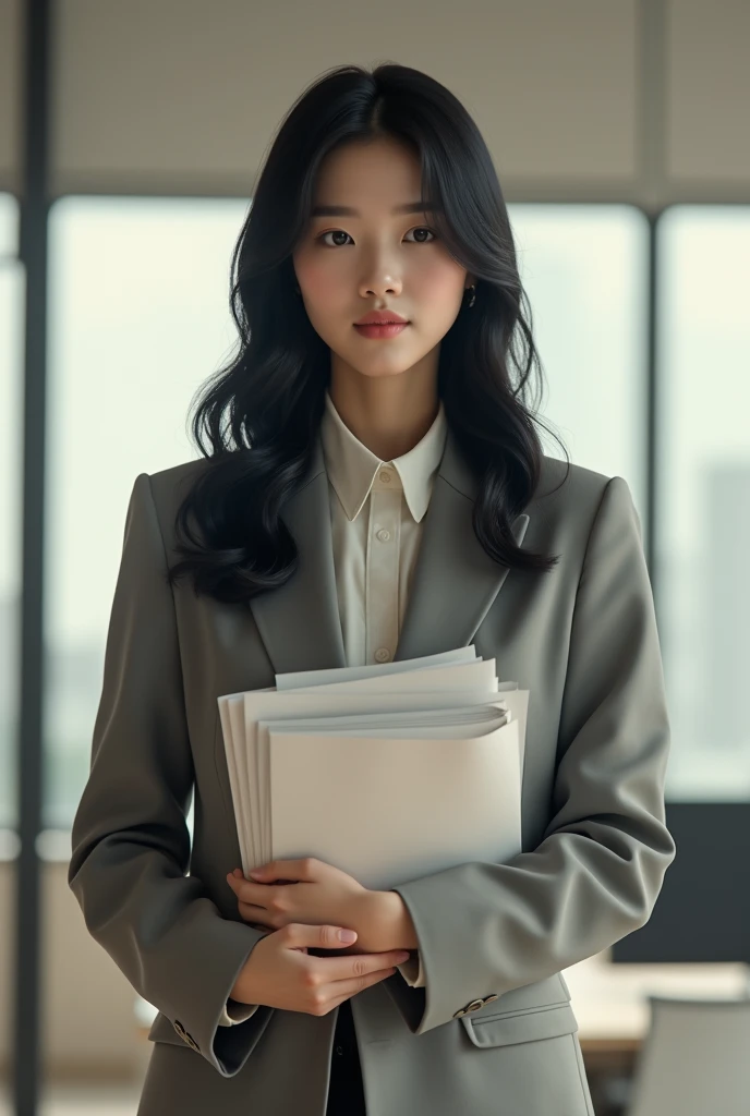 A sensitive and shy Korean female boss with long wavy hair is wearing a suit and holding documents