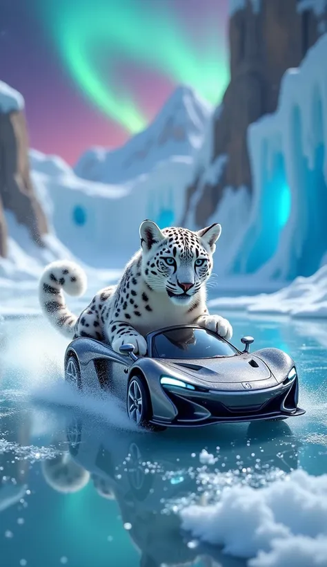 "A miniature snow leopard, its white fur covered in dark spots, driving a white high-performance Hot Wheels with gleaming silver accents. Hes on a shimmering ice rink surrounded by snow-capped peaks and blue ice caves, with Northern Lights dancing above."