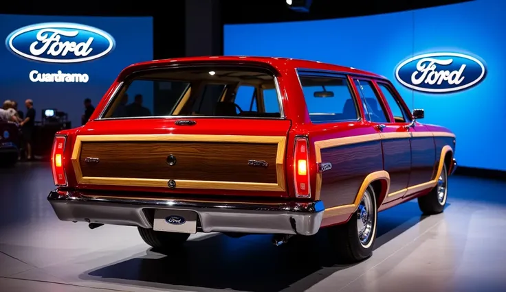 2025 Ford country squire exterior back review Open car lights 100% Real and clear images first look Launched in showroom Red colour high quality medium resolution and name and Logo show on the back wall and vehicle 