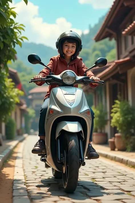 25-year-old youth ,  riding a Suzuki Skydrive matic motorcycle,  on the streets of the village 