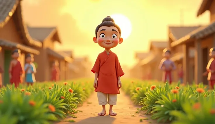 A vibrant 3D cartoon village scene with green fields, small huts, and a peaceful atmosphere. In the center stands Buddha, a young, clever man with a calm smile. He wears a simple red kurta and white dhoti, appearing thoughtful and wise. The bright sky has ...