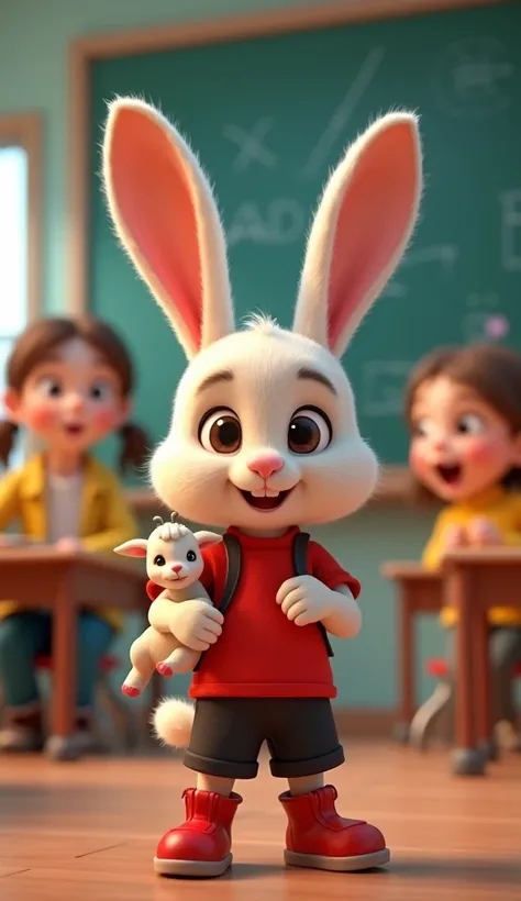    3D animation a cute baby rabbit cub,  medium size  a black shorts and red t-shirt. Red boot.   night image,  
     Rabbit standing proudly in the classroom, holding a cute toy goat, while the teacher looks surprised, and the class bursts into laughter. ...