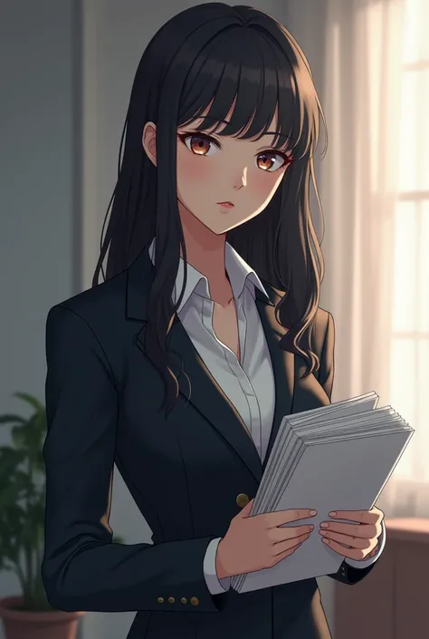 A sensitive and shy Korean female boss with long wavy black hair is wearing a suit and holding documents,  anime 