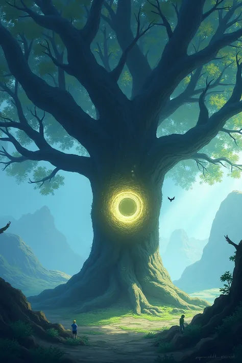 Create an anime-shaped tree with a hole and a glowing ring inside the hole 