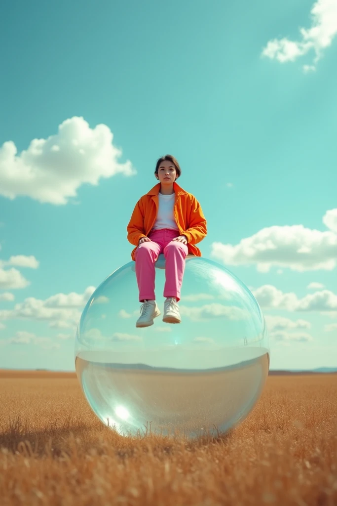 A person wearing a vibrant orange jacket and pink pants sits atop a large transparent bubble in an expansive, open field. The sky is bright blue with scattered white clouds, creating a serene, dreamlike atmosphere. The earthy brown of the field contrasts w...