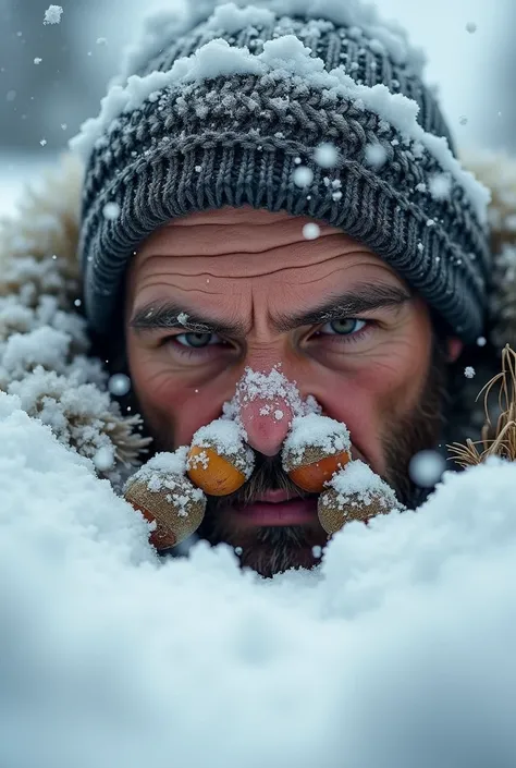 A bold guy, hardboiled looking, rather broad eyeblow, buried in the heavy snow, acorns are plugged inside of both holes of his nose