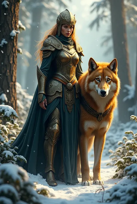 A golden black alfa wolf behind beautyfull army woman in snow jongle
