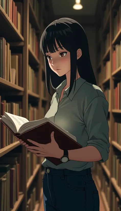 A detailed close-up of steady hands leafing through a thick book in a silent library. The camera moves up, revealing a young woman with a serious and concentrated expression, surrounded by shelves full of books. The environment is illuminated by a warm, so...