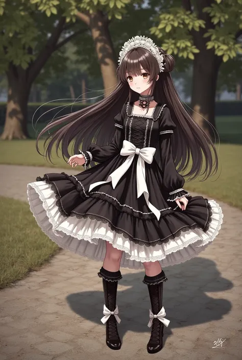  1 girl,  solo focus, Fashion, Alone,  long hair,  brown hair,  black hair,  have ,  dress, bow,  Brown Eyes ,  standing, whole body, Outdoor, Black footwear, black  dress, tree, Look to the side,  white headwear, white bow, loliFashion, Realistic,  gothic...