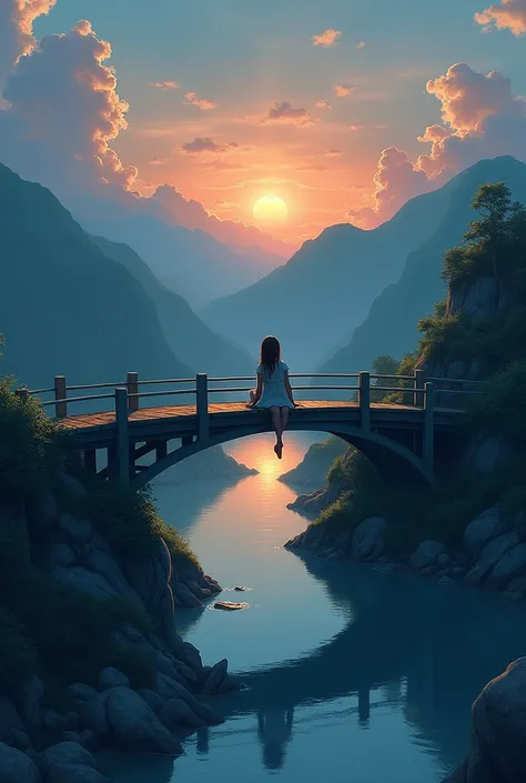  A bridge with a background of day and night, with a girl sitting watching 

