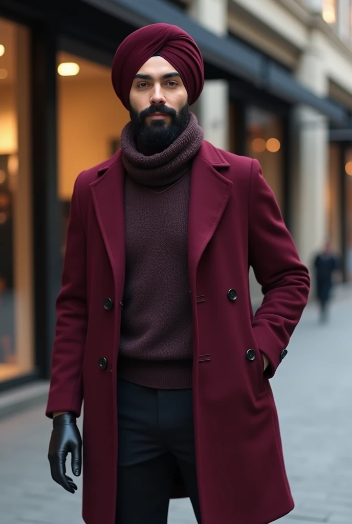 Fashionable Sikh influencer wearing a burgundy overcoat over a high-neck sweater, paired with black leather gloves and a stylish scarf. He stands near a luxury shopping street with high-end boutiques in the background, giving off an upscale and confident v...