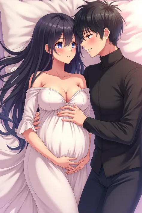 Anime couple. An pregnant girl, lying on bed, have blue colour eyes, long black hair, wearing white colour long full soft dress, adult body, pregnant, breasts. An adult boy wearing black colour dress,have black hair, lying with this girl on bed, put his ha...