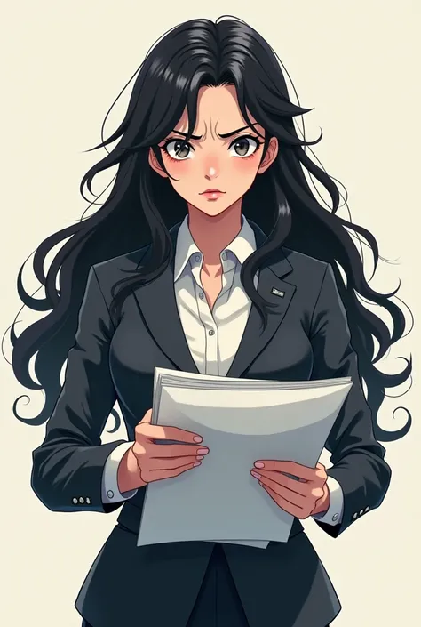 A sensitive and shy Korean female boss with long black hair with a perm at the end is wearing a suit, angry at you, and holding documents,  anime 