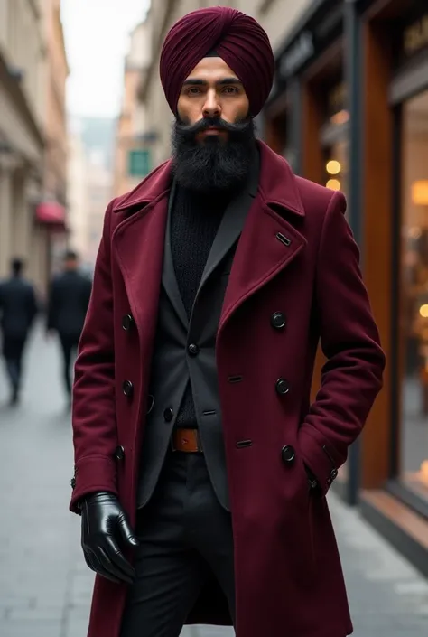 Fashionable Sikh influencer wearing a burgundy overcoat over a high-neck sweater, paired with black leather gloves and a stylish scarf. He stands near a luxury shopping street with high-end boutiques in the background, giving off an upscale and confident v...