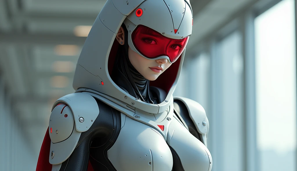 A cybernetic woman, with a perfect sculptural whole body, realistic, belly appearing, (large and perfect breasts), neckline, 3d, with hood on the head and a cape, and a red visor in the right eye, anime style 3d, ultra realistic, HD,  