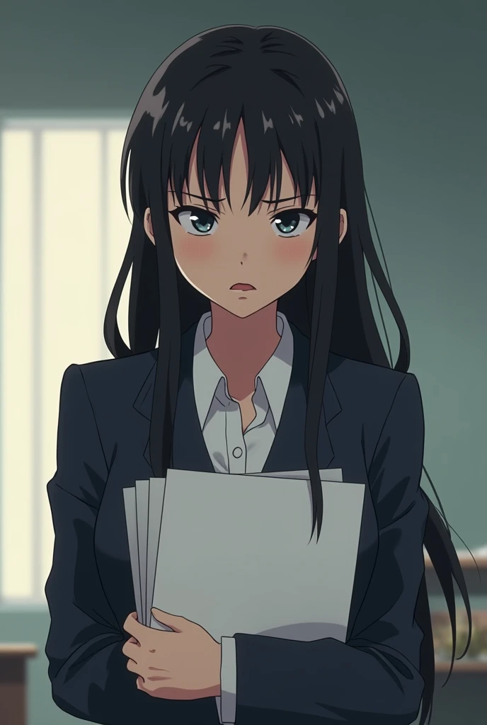 A sensitive and shy Korean female boss with long black hair with a perm at the end is wearing a suit, mildly angry at you, and holding documents,  anime 