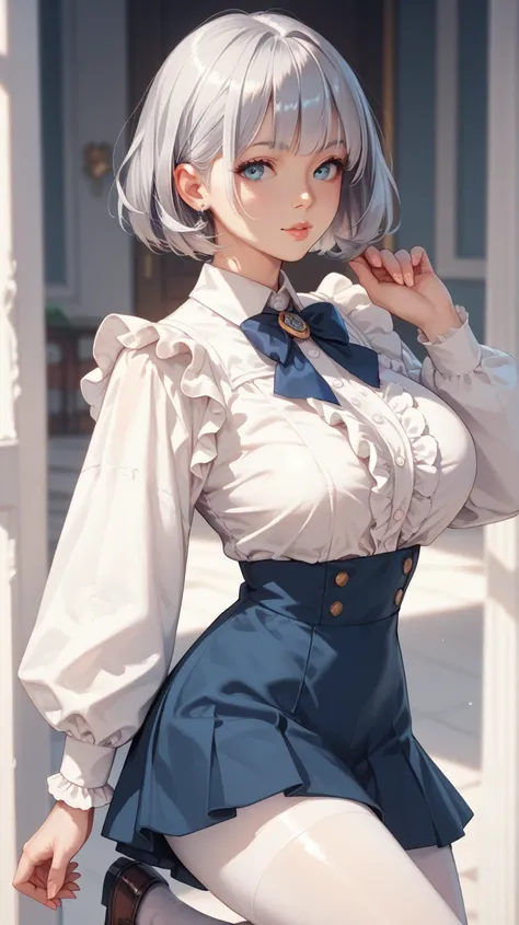 Light blue and white clothes　 Lots of Frills 　Panniers　 Long Sleeve 　 Silver Hair　 short bob　shiny loafers 　Big Breasts　Character portrait　 background simple　　whole body　whole body　White tights