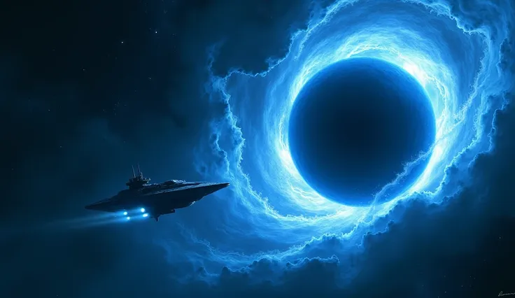   A black hole absorbs the blue sun. A freighter from afar  .  blue glow ,  high quality