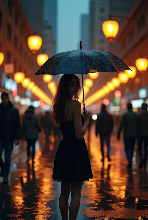 Create a picture,  lanterns where a girl is standing with a sad view ,  looking at the camera in a rainy New York at night with an umbrella in her hands and a black dress, all people walk in the opposite direction from her , light falls on her from 