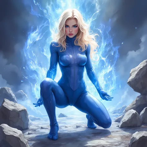 Susan storm,  the invisible woman from Fantastic Four ,  a beautiful blonde with blue eyes .  She wears the classic sexy blue jumpsuit , open on the front , with the number 4 clearly visible printed on the right shoulder . She is kneeling and creating a fo...