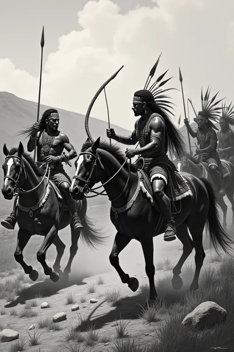 Argentine Indians in battle .  The style of the image should be as painted on engraving .  The Indians must be riding their horses with bows, arrows and spears.