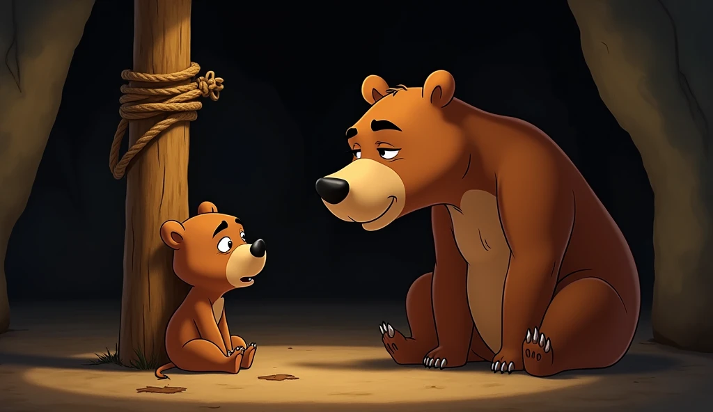 Inside the dimly lit cave, the mother bear, with soft brown fur and a relieved expression, uses her claws to untie the ropes binding her cub to a wooden pole. The cub sits on the ground, looking up at its mother with teary eyes, showing a mix of fear and r...